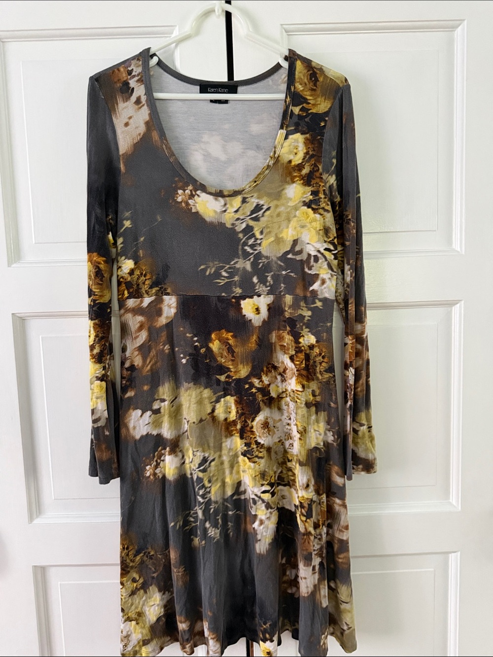 Karen Kane Gray Floral Long-Sleeve Scoop-Neck Dress with Yellow Accents